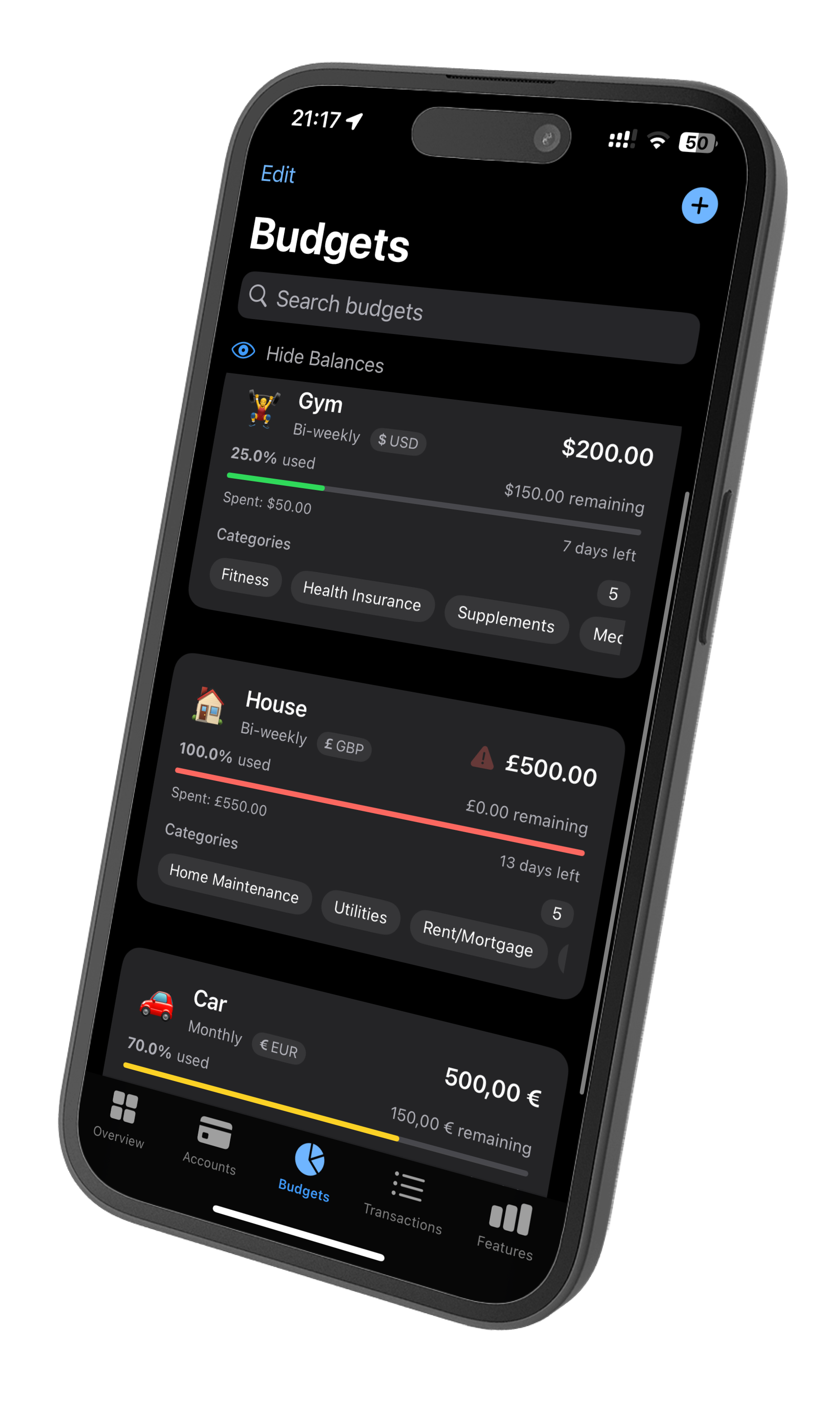 Budget management screen
