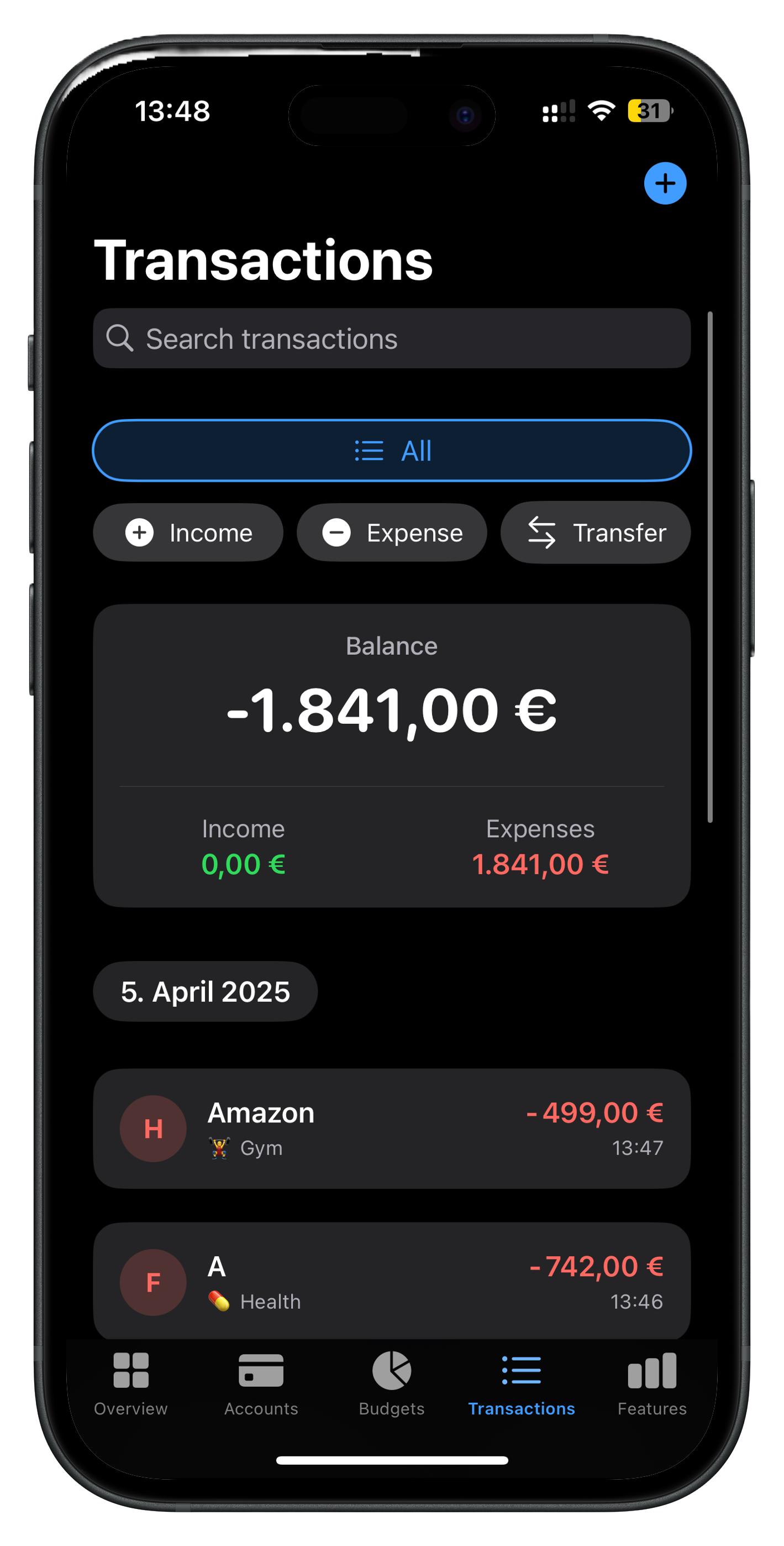 Transaction tracking screen